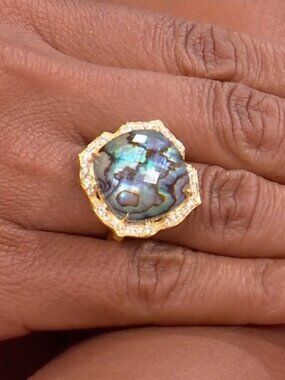 Rarities Carol Brodie Gold Plated Cushion Cut Abalone Doublet Ring 7 NWT